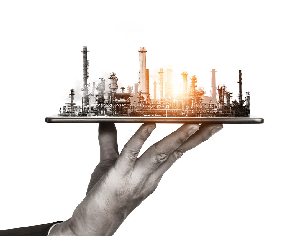 Digital training "menu" A hand holding a refinery on a tray
